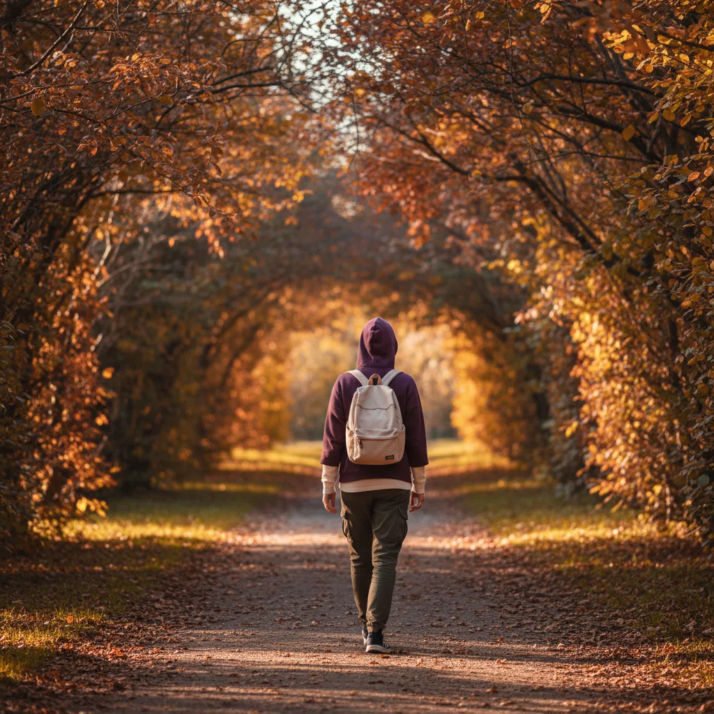 Anonymous figure walking on a sunlit park path - daily active lifestyle habit